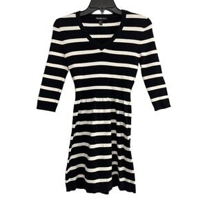 Mango Basics Striped Knit Dress V-Neck 3/4 Sleeve Black White Womens Size S
